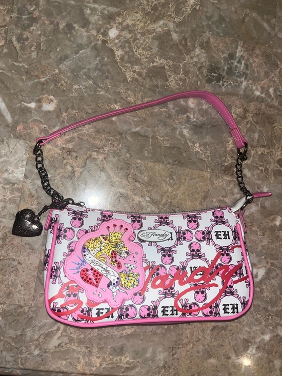 Ed Hardy Handbags - Ed Hardy Pink and White Graphic Wristlet Shoulder Bag flawed